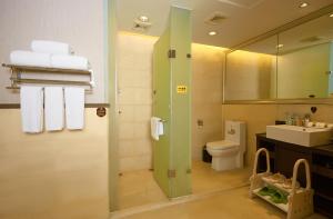 a bathroom with a sink and a toilet and a mirror at Beijing Sunflower Hotel--Beijing Universal Studios Resort in Tongzhou +51 photos