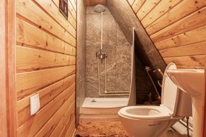 La salle de bains est pourvue d'une douche et de toilettes. dans l'établissement BOROVOE Country Club, à Borovoe