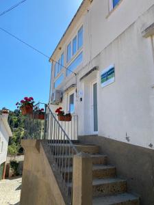 uma escada que leva a um edifício branco com vasos de plantas em Casa do Balcão em Mêda