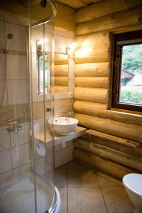 Relax S-L-A-P-Y Resort - Mlýn v zátoce في Borotice: حمام مع دش زجاجي ومغسلة