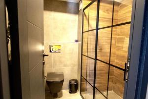La salle de bains est pourvue de toilettes et d'une douche en verre. dans l'établissement TİRİLYE BALIK OTEL, à Eskipazar