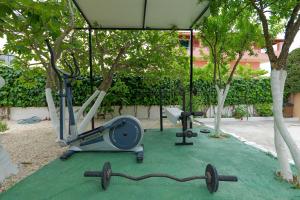 クサミルにあるVilla M Cakoのウェイトトレーニング器具と木のあるジムのある公園