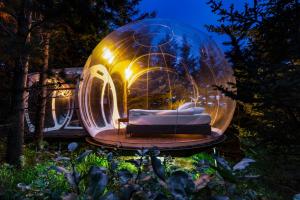 una cúpula de cristal en un jardín con un sofá. en Buubble Hotel - Hrosshagi en Selfoss