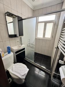 uma casa de banho com um chuveiro, um WC e um lavatório. em Happy Suite Boutique Hotel em Istambul