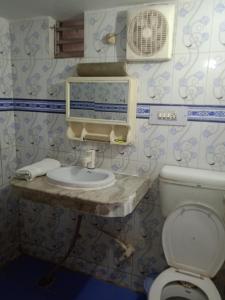 bagno con servizi igienici, lavandino e ventilatore. di Hotel Swarajya Palace ad Agra