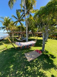 a hammock on a beach with palm trees and the ocean at Pousada Casarão - Pé na Areia Cumuruxatiba in Cumuruxatiba