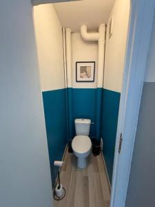 un piccolo bagno con servizi igienici e pareti blu di T3 de charme proche du centre a Douai