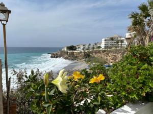 a view of a beach with flowers and condos at Smile Seaview in Nerja