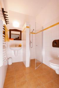 a bathroom with a shower and a toilet and a sink at Dom gościnny w Bartniku in StrÃ³Å¼e