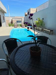 uma mesa com um vaso de planta sentado em cima em casa inteira com 3 suites e área de lazer em Delfinópolis