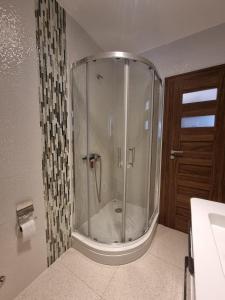 een glazen douche in een badkamer met een wastafel bij Vila BonBon 1 in Biograd na Moru