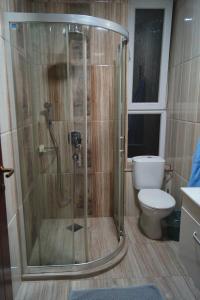 a shower stall in a bathroom with a toilet at Rooms Filip in Bitola +35 photos