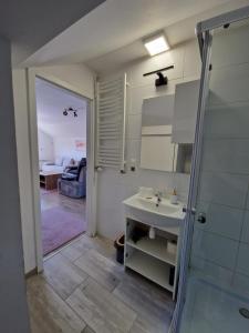 a bathroom with a sink and a shower at Little Wish in Gdańsk