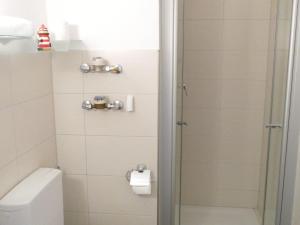 La petite salle de bains est pourvue d'une douche et de toilettes. dans l'établissement Inviting apartment in Freyung with sauna indoor pool, à Freyung