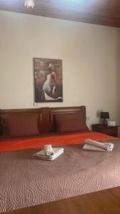 ein Bett mit zwei Handtüchern und einem Gemälde an der Wand in der Unterkunft Guesthouse Adonis in Kato Loutraki