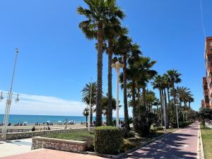 a street with palm trees and the beach at Lucia Guest House Beach - apartamento Family, Friends & Fun PET FRIENDLY in Málaga