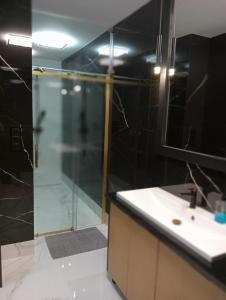 a bathroom with a glass shower and a sink at Wiking in Władysławowo