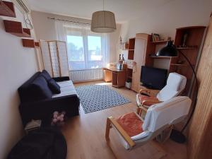 ein Wohnzimmer mit einem Sofa und einem TV in der Unterkunft Wellness Lakás in Nyíregyháza