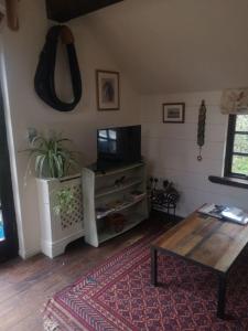 uma sala de estar com uma televisão e uma mesa de centro em Owl's Barn Quiet & private Twin bed 