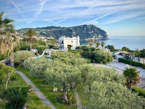 Blick auf eine Stadt mit Bäumen und das Meer in der Unterkunft Hotel Boutique Ischia in Ischia