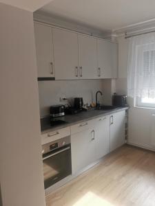 a kitchen with white cabinets and a stove top oven at Sidus in Satu Mare