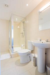 uma casa de banho com um lavatório, um WC e um chuveiro em Cambridge Water House Apartments em Cambridge