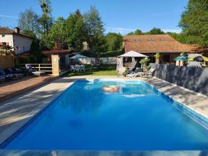 a swimming pool with blue water in a yard at Moulin Du Pommier Glamping & Camping in Saulgond