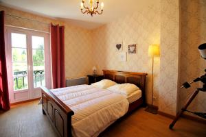 a bedroom with a bed with a chandelier and a window at Les Perdrielles in Fontevraud-l'Abbaye