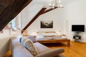 a living room with a couch and a bed at Appartement Im Hof, 36qm in Schenkenzell