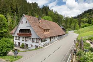 a large house with a brown roof on a road at Appartement Im Hof, 36qm in Schenkenzell