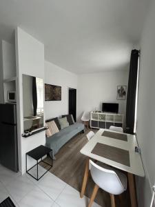 uma sala de estar com um sofá e uma mesa em Charmant T2 centre ville em Givet