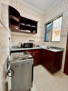 a small kitchen with a stove and a sink at Queen Elizabeth Apartment in Dar es Salaam