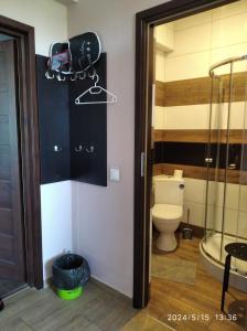 a bathroom with a toilet and a glass door at Hotelik rodzinny 365 pokoje z łazienkami in Łódź