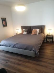 a large bed in a bedroom with two lamps at Orvilliers in Moulins
