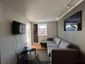 uma sala de estar com um sofá e uma televisão em Enter Backpack Hotel em Tromsø