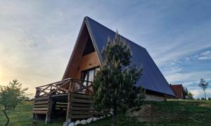 une maison avec un toit métallique et un arbre dans l'établissement Vikendica Tromedja Pale, à Pale