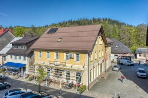 an overhead view of a building in a town at Rooms Centar in Delnice