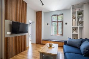 a living room with a blue couch and a table at Under The Hills in Plovdiv