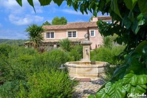 ein Haus mit einem Brunnen inmitten eines Gartens in der Unterkunft DOMAINE jusqu'à 16 personnes - 3 Villas - 3 Piscines in Villecroze