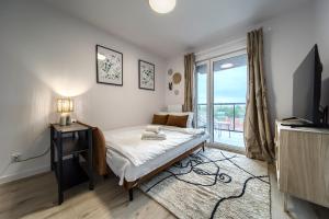 1 dormitorio con cama y ventana grande en Madalińskiego Deluxe Apartment en Breslavia