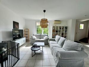sala de estar con sofá y TV en La Mandragora - Maison Vernon Giverny, en Vernon
