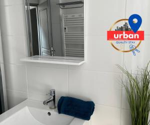 uma casa de banho com um lavatório e um espelho em Duplex du Cloître 75m2 em Moissac