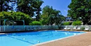 a large blue swimming pool in a yard at Michillinda Lodge Resort in Whitehall