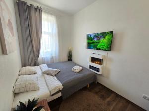 a bedroom with a bed with a tv on the wall at 8 Small studio apartment in Klaipėda