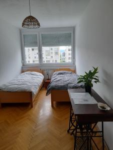 2 łóżka w pokoju ze stołem i 2 oknami w obiekcie Room for women or couples w Lublanie