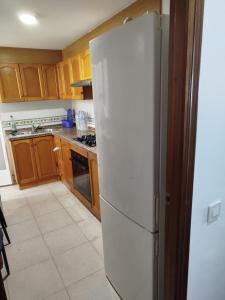 a white refrigerator in a kitchen with wooden cabinets at ushuaia in Castellón de la Plana
