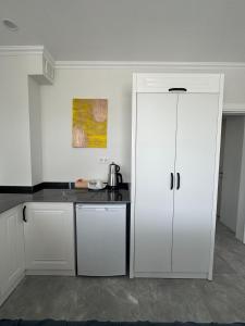 a kitchen with a white cabinet and a counter at The Dalaman Suites & Pansiyon in Dalaman