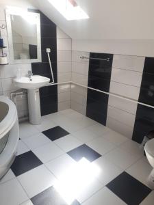 een badkamer met een toilet, een wastafel en een douche bij Apartman Break 2 in Bijeljina