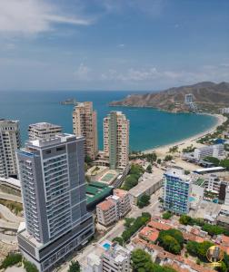 an aerial view of a city and the ocean at Apartamento de lujo en Rodadero Santa Marta in Santa Marta