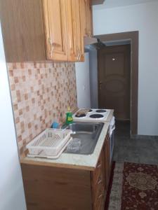 uma cozinha com um lavatório e um fogão em Apartman Break 1 em Bijeljina